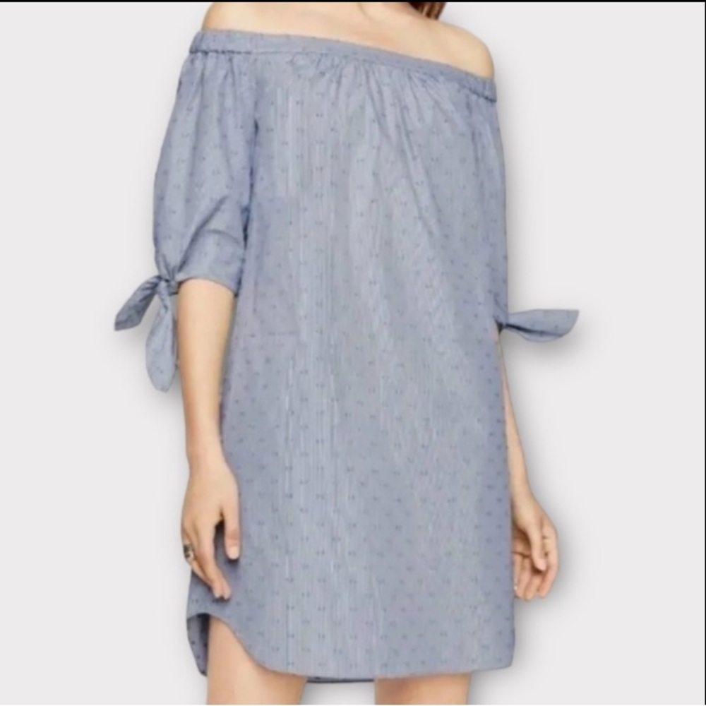 BCBG Max Azria Women’s Cadence Dress Medium Off Shoulder Swiss Dot Chambray